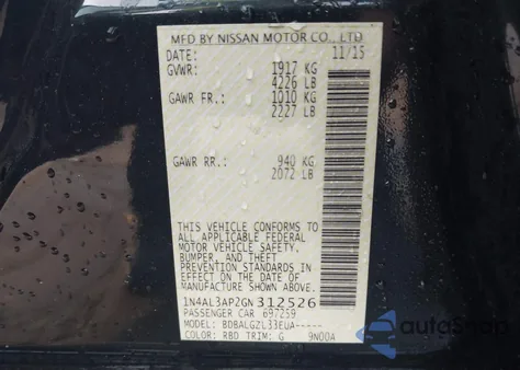 2016 Nissan Altima 2.5/2.5 S/2.5 Sl/2.5 Sr/2.5 Sv from USA, damaged, VIN 1N4AL3AP2GN312526